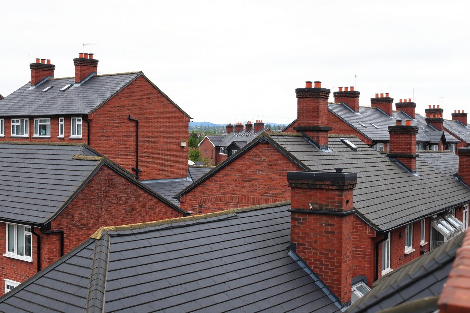 Tiled roofs and chimney stacks of brick homes in the North East of England