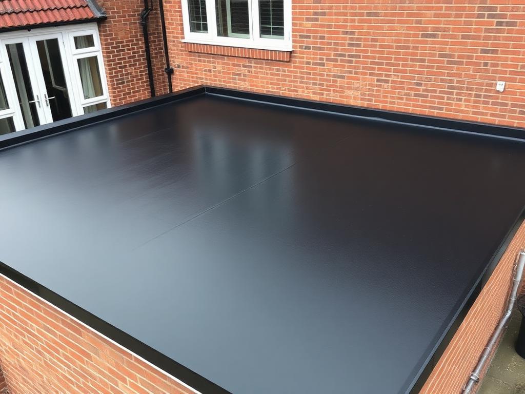 Newly finished EPDM flat roof on a house extension